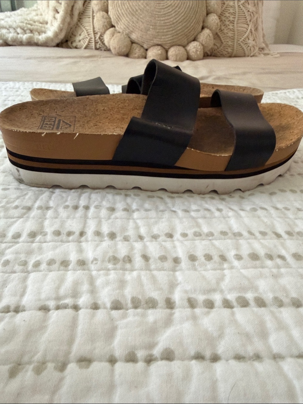 Reef Black Double-Strap Cork Platform Sandals